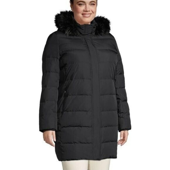 Lands' End | Black Down Winter Puffer Coat with Faux Fur Removable Hood - Picture 2 of 8